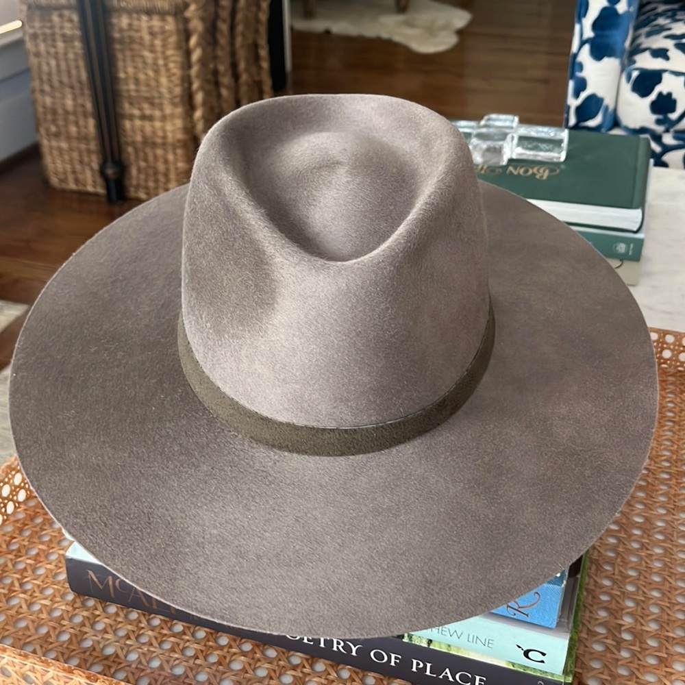 Janessa Leone Taupe Wide-Brim Wool Fedora